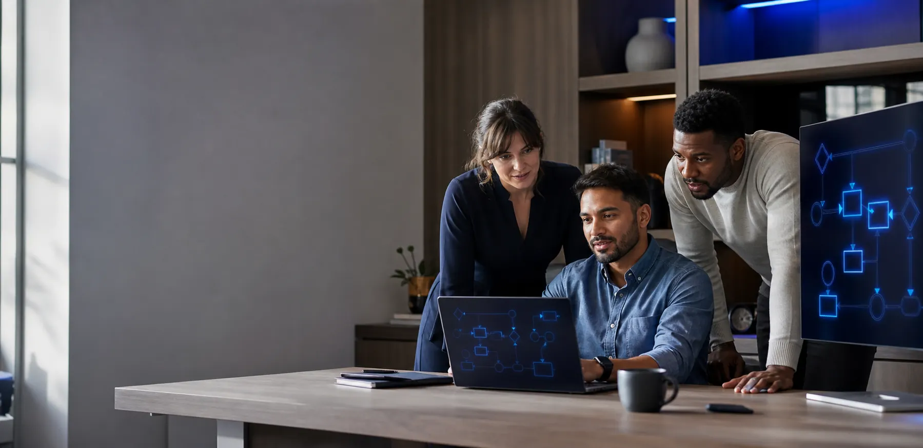 Business team collaborating around a laptop with a connected workflow on screen