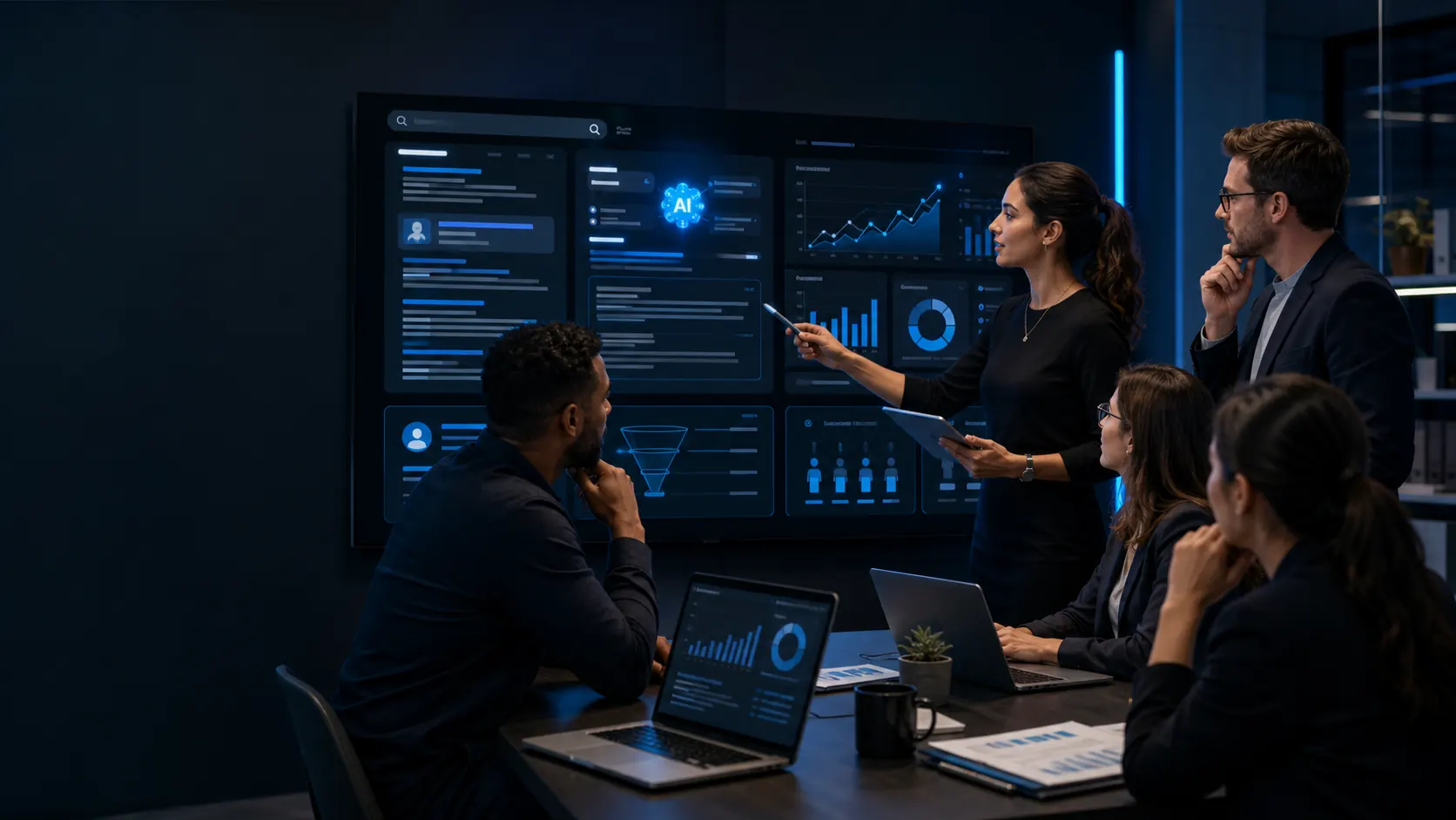 Marketing team reviewing search, AI answer, content and lead-performance data together