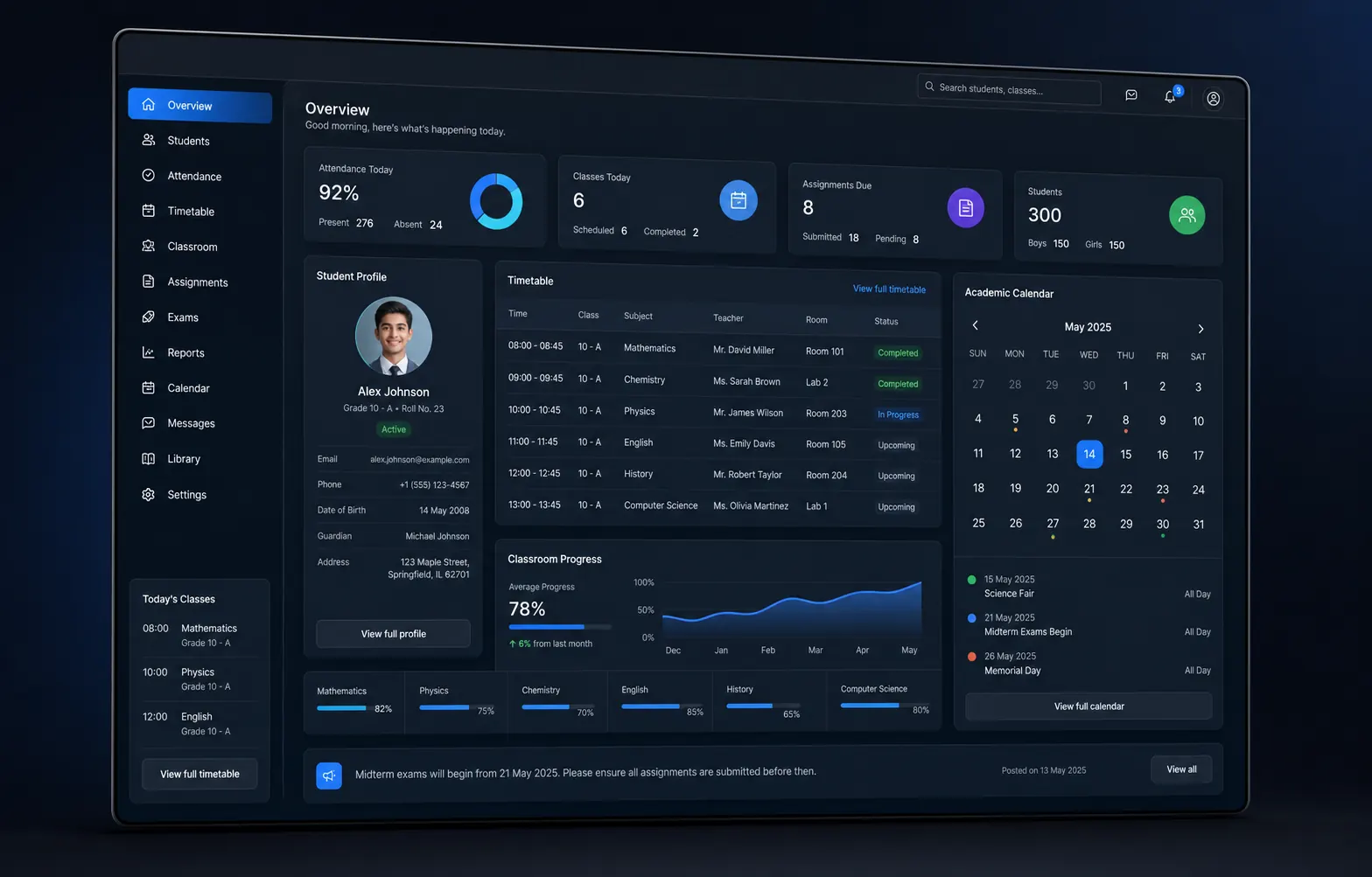 Concept visual of a RYZWorkX School attendance, timetable and academic dashboard